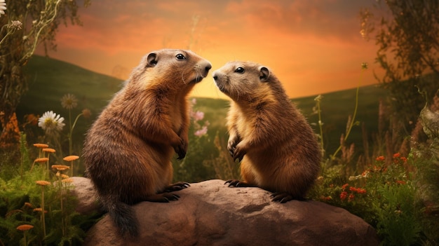 twee groundhogs die naar elkaar staren