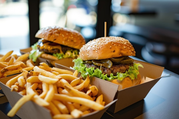 Twee hamburgers en frietjes op tafel