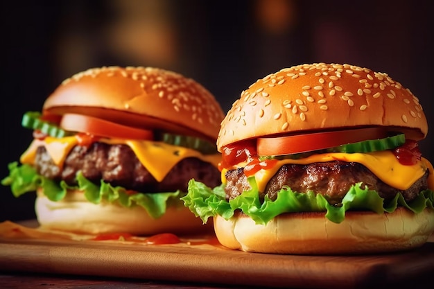 Twee hamburgers met ketchup en ketchup erop op een snijplank