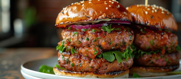 Foto twee hamburgers met tandenstoker op het bord