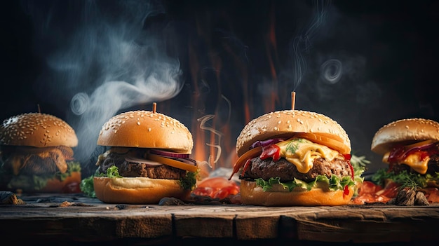 Twee hamburgers op een grill waar rook uit komt