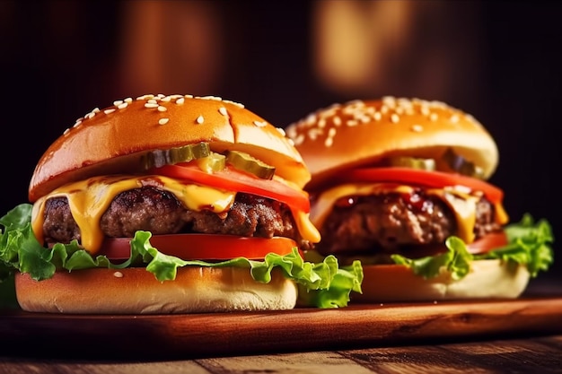 Twee hamburgers op een houten bord met aan de zijkant het woord burger