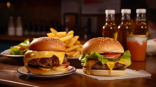 Twee hamburgers op tafel met daarachter een fles ketchup.