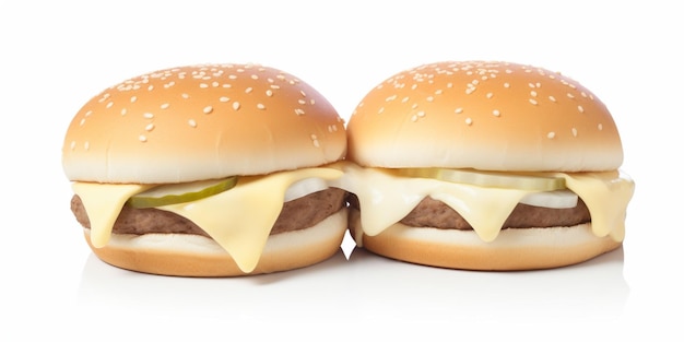 Twee hamburgers zitten naast elkaar met kaas erop.