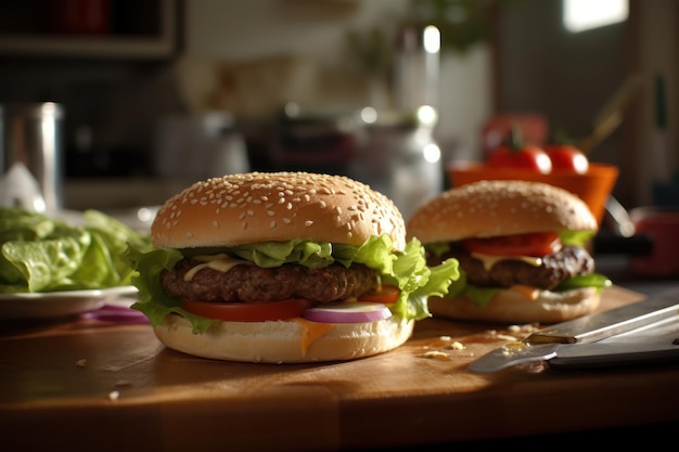 Twee hamburgers zitten op een snijplank met een mes en vork.