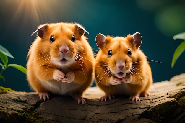 Twee hamsters op een boomstam met onderaan het woord hamster