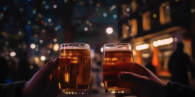 Twee handen met glazen bier, waarvan er één een biertje vasthoudt.