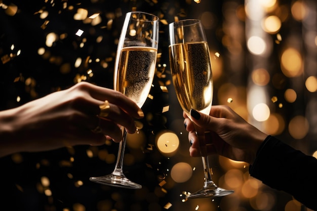 Twee handen met glazen champagnewijn gerinkel tegen vage gouden lichten Feestelijk concept als achtergrond en viering