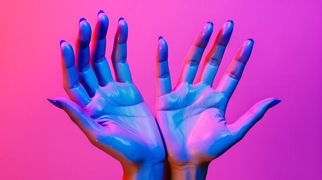 Twee handen van een vrouw geïsoleerd op een roze achtergrond in neonlicht