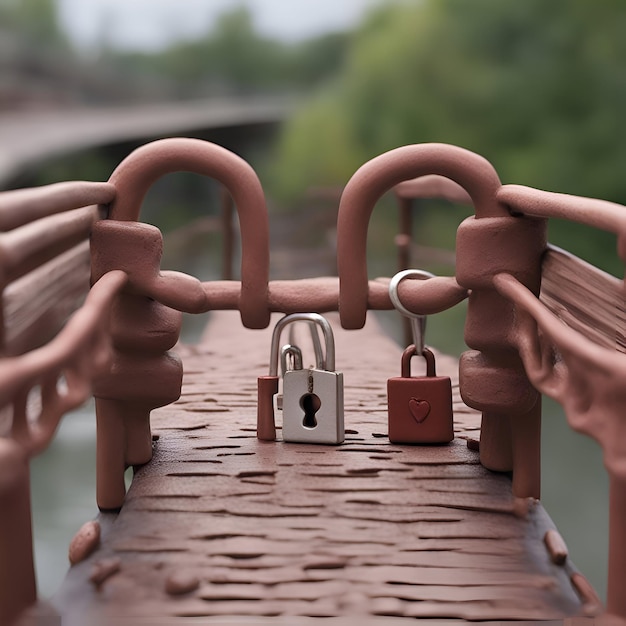 Foto twee hangsloten op een brug met een brug op de achtergrond