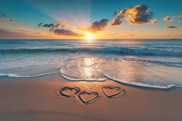 Foto twee harten getekend in het zand op een strand dat liefde en verbinding symboliseert een prachtige zonsopgang over een vreedzaam strand met harten getekend in het sand ai gegenereerd
