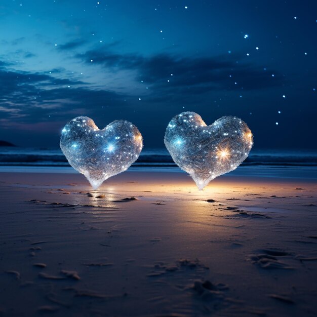 Foto twee harten gloeien 's nachts op het strand.