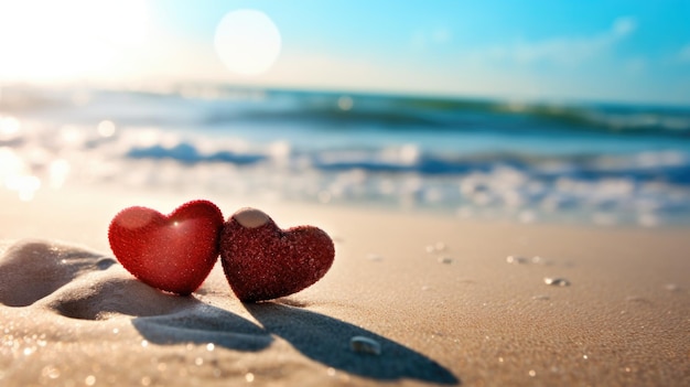 Twee harten op het strand zand bij romantische zonsondergang