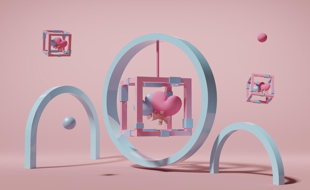 twee hartvormige ballonnen in een doos met met geometrische vormen in roze pastel compositie valentines day concept abstracte achtergrond 3d illustratie of 3d render