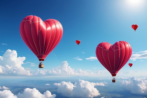 Twee hartvormige rode luchtballonnen in een prachtige blauwe hemel Valentijnsdag achtergrond