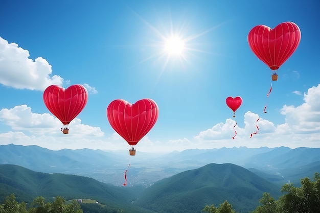 Twee hartvormige rode luchtballonnen in een prachtige blauwe hemel Valentijnsdag achtergrond