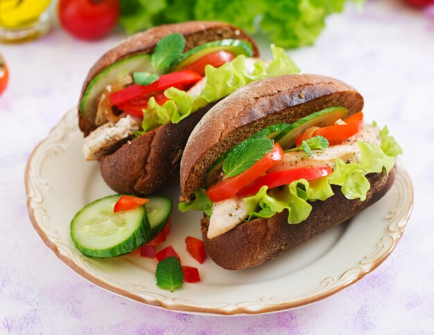 Twee heerlijke en gezonde sandwich met kip en groenten.