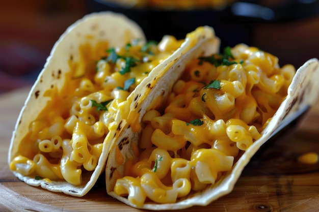 Twee heerlijke taco's zijn gevuld met romige macaroni's en kaas op een houten snijplank