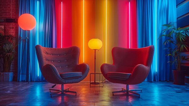 Twee heldere stoelen tegenover elkaar Een dialoog tussen twee tegenstanders het concept Een blauwe en roze fauteuil tegen een rode muur