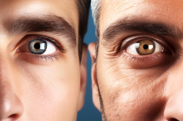 Twee helften van een gezicht close-up van de mannen met blauwe en bruine ogen Horizontale foto