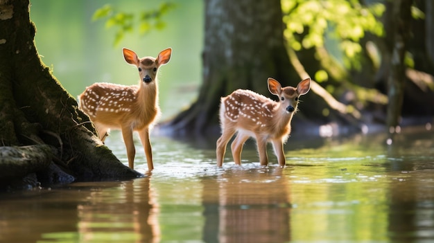 twee herten staan in het water