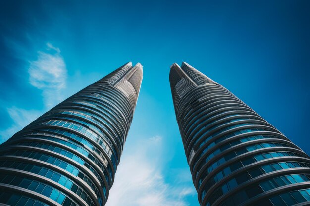 Foto twee hoge gebouwen met blauwe lucht op de achtergrond en weinig wolken in de lucht generatieve ai