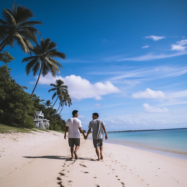 Twee homoseksuele jongens die hand in hand op het strand lopen.