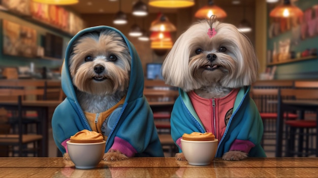 Twee honden aan tafel in een hoodie