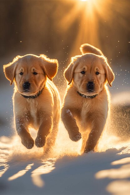 Twee honden die in de sneeuw rennen bij zonsondergang generatieve ai