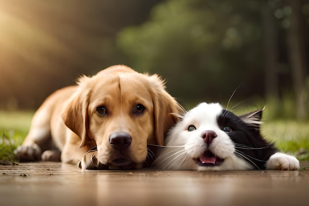 Twee honden die op een weg liggen met een kat ernaast