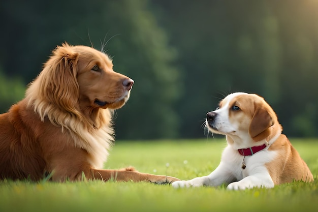 Twee honden die op het gras liggen, een daarvan is een golden retriever en de andere hond kijkt naar de camera.