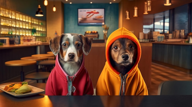 Twee honden in een restaurant met capuchons op