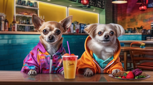 Twee honden in een restaurant met een drankje