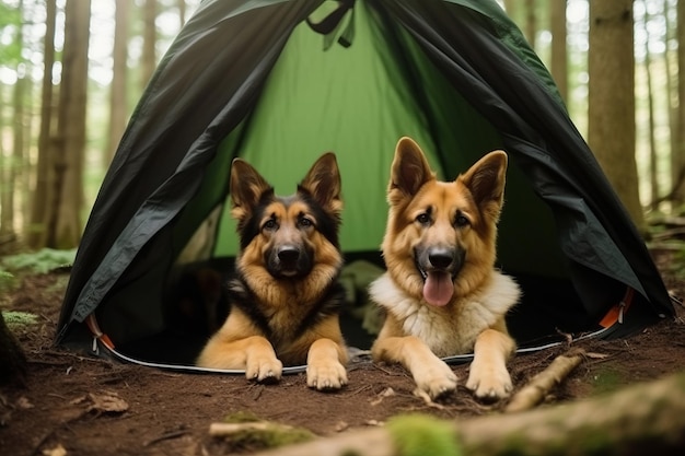 Twee honden in een tent in het bos
