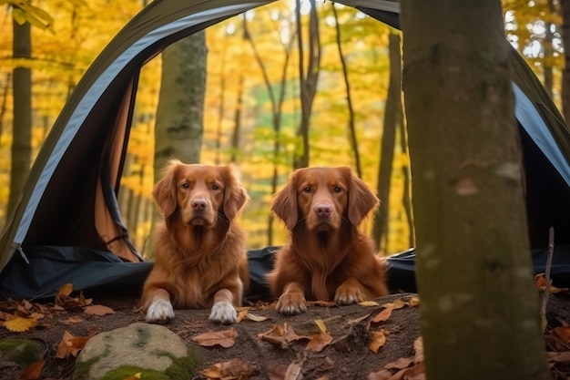 Twee honden in een tentje in het bos