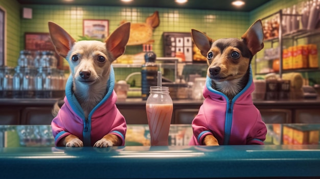 Twee honden in roze jasjes staan aan een toonbank met een smoothie voor zich.