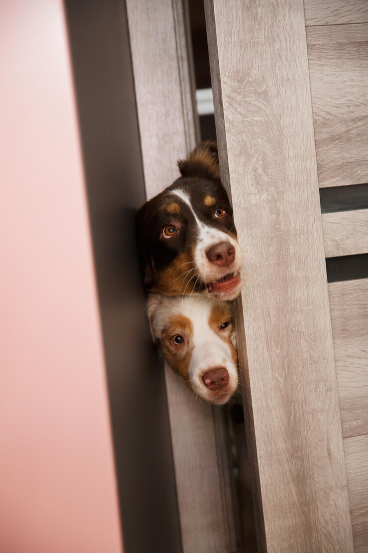 Twee honden kijken door een deur
