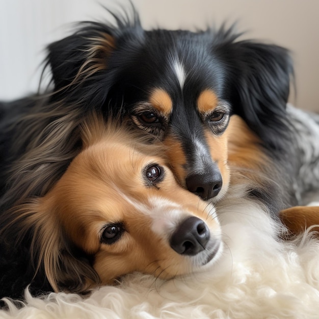 Twee honden knuffelen samen op een wit schapenvachtkleed.