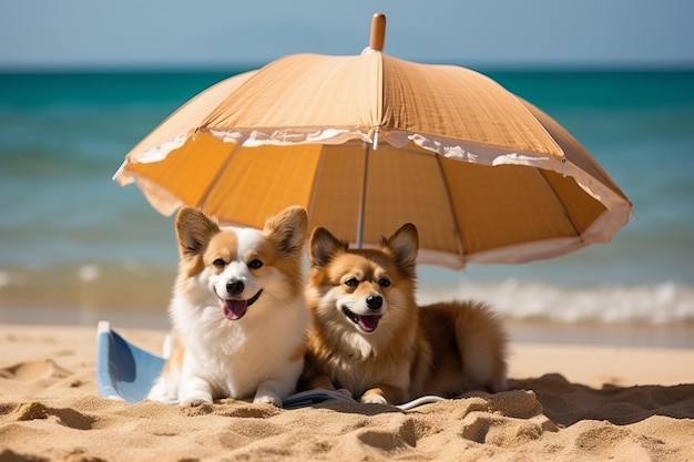 Twee honden liggen op een strand onder een paraplu