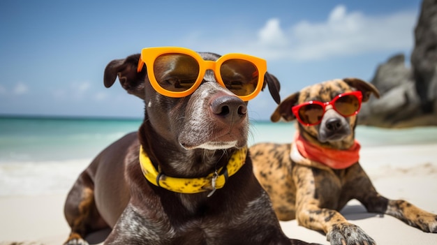 Twee honden met een zonnebril op een strand