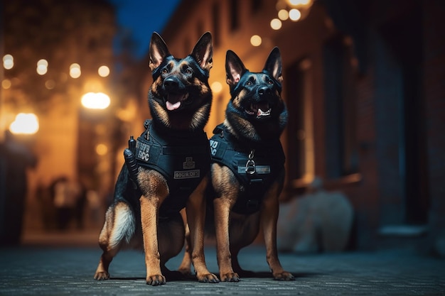 Twee honden met hesjes waarop 'politie' staat