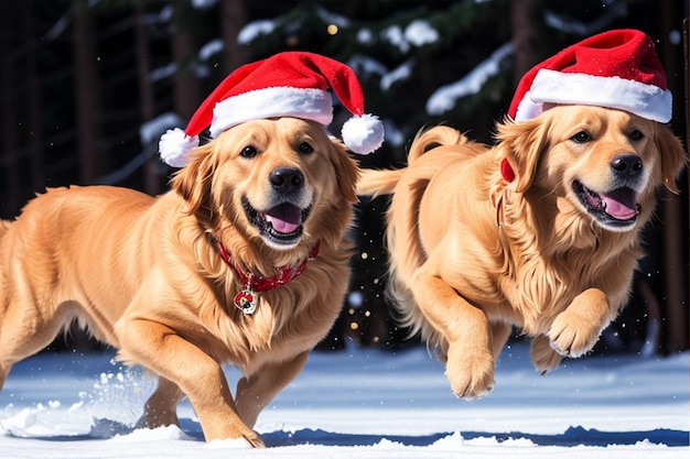 Twee honden met kerstmutsen rennen in de sneeuw.