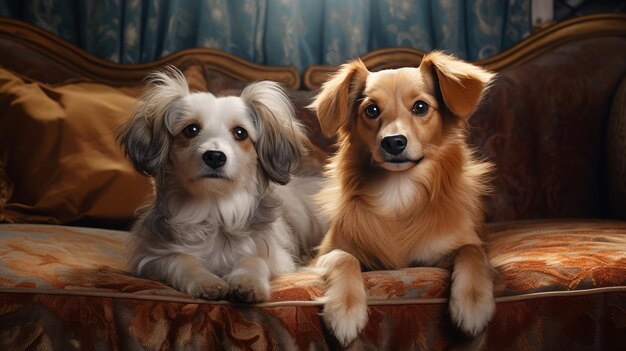 Twee honden op de bank thuis.