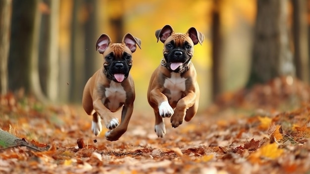 Twee honden rennen in het bos met bladeren op de grond