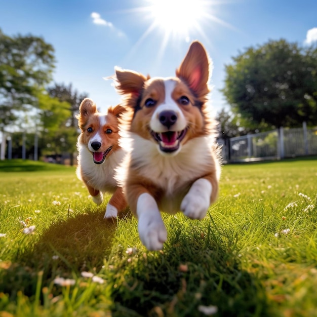 Twee honden rennen in het gras terwijl de zon erop schijnt