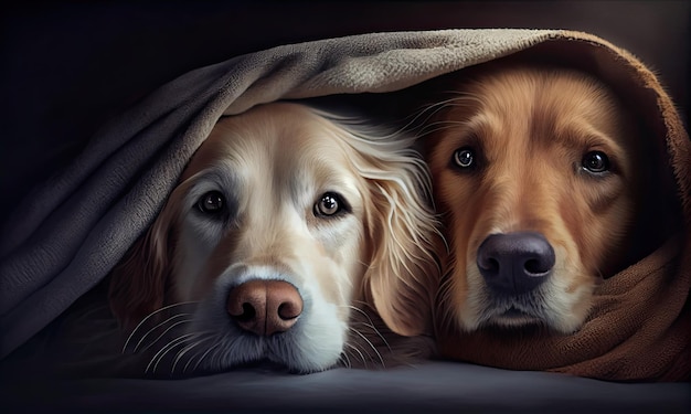 Twee honden slapen onder een deken op een bed in de generatieve AI van de slaapkamer