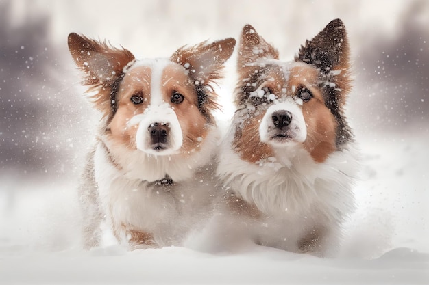 Twee honden spelen in de sneeuw hun vacht en oren bedekt met wit gemaakt met generatieve AI