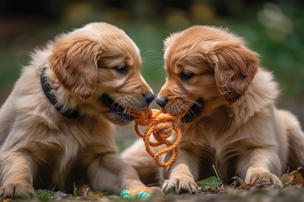 Foto twee honden spelen met een touw