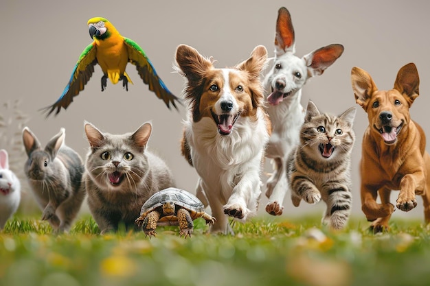 Foto twee honden van verschillende rassen drie katten van verschillende ressen een papegaai een schildpad een hamster een konijn