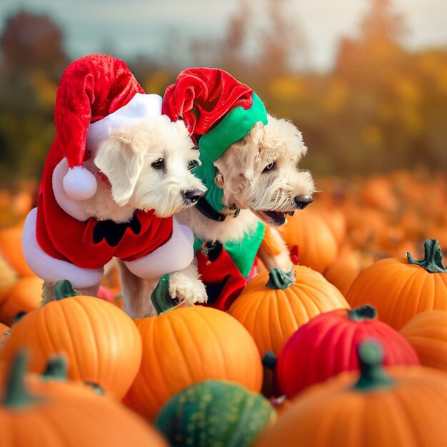 Twee honden zitten op een pompoen in een pompoenfeld.